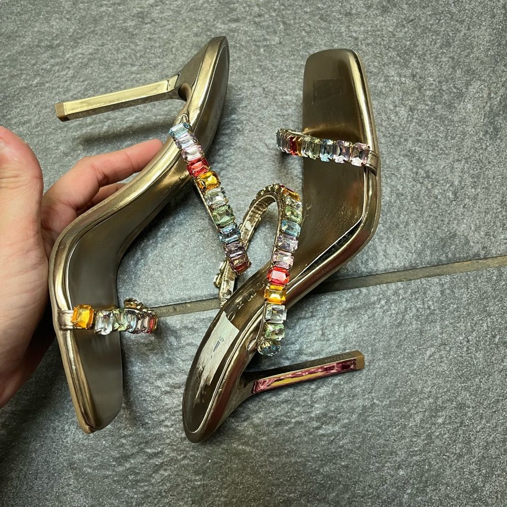 INC Diana Slip On Sandal Gold Multicolor Bling Stiletto Heels SZ 5 Square Toe - Picture 6 of 8